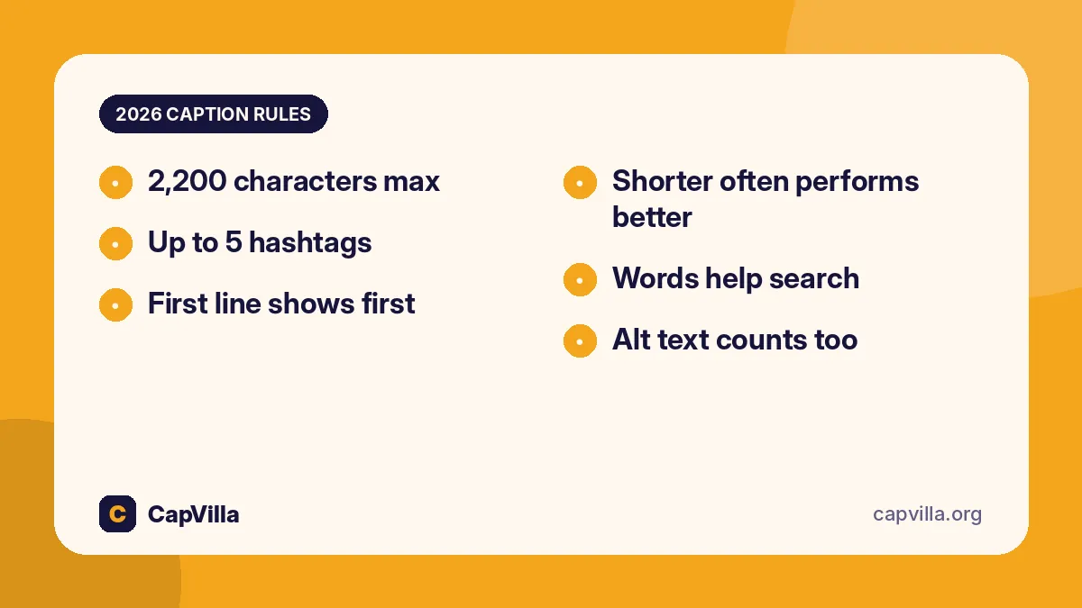 Instagram caption rules 2026: 2,200 characters and 5 hashtags